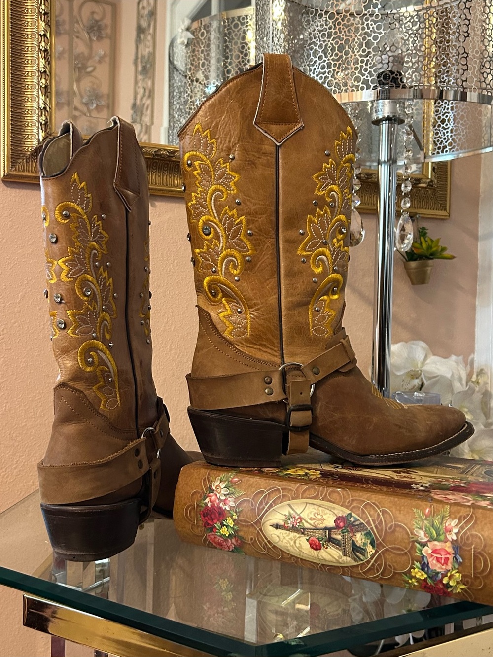 Guerra Western Embroidered Harness Boots Brown with Yellow Floral Stitching 9